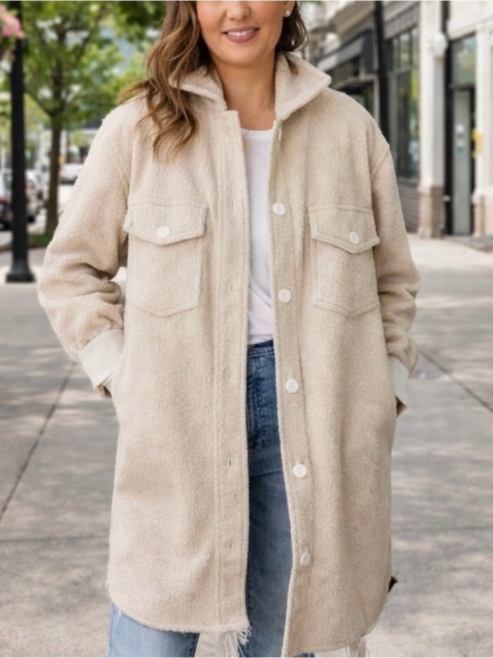 Jackson Rowe x Jillian Harris Scholar Shacket Teddy Tan Cozy Longline Jacket